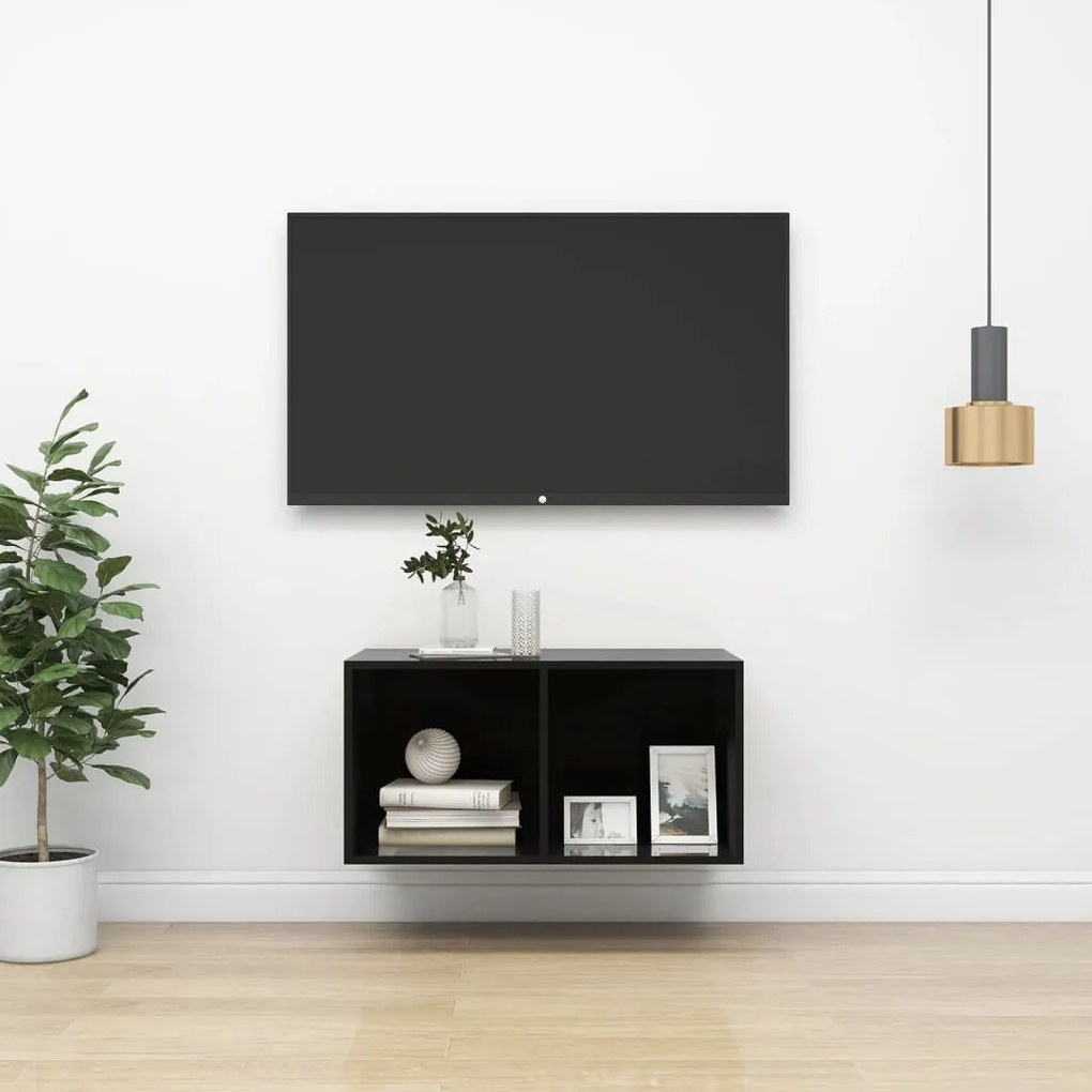 Έπιπλο Τηλεόρασης Κρεμαστό Γυαλ. Μαύρο 37x37x72 εκ. Επεξ. Ξύλο