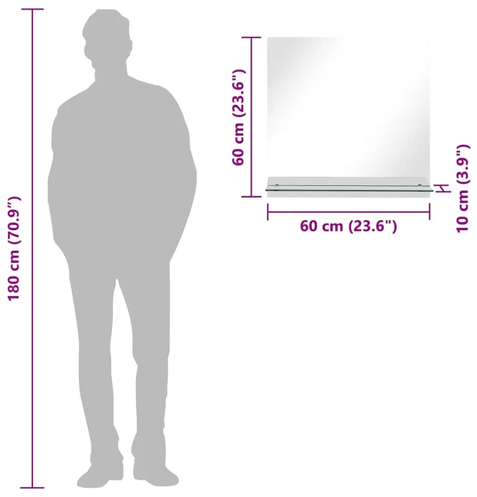 vidaXL Καθρέφτης Τοίχου με Ράφι 60 x 60 εκ. από Ψημένο Γυαλί