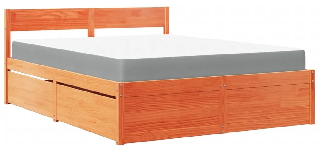 vidaXL Κρεβάτι με Συρτάρια+Στρώμα Καφέ 140x200 εκ. Μασίφ Ξύλο Πεύκου