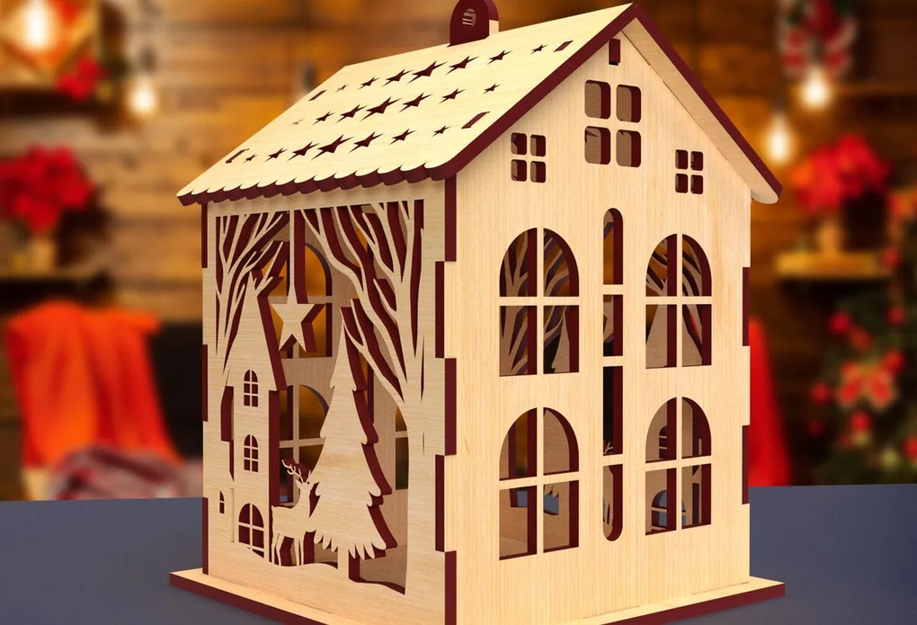 Σετ των 3 Intra απο ξύλο plywood 3mm-4mm πάχος Χριστουγεννιάτικο Σπίτι 04 Δίασταση 15x15 cm INTRAFABR-82065082