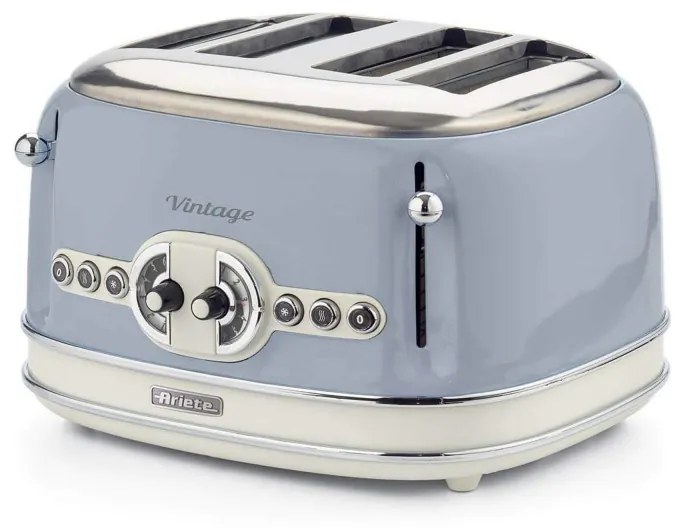 Τοστιέρα ψωμιού Ariete VINTAGE 0156/05, 1600W, 4 φέτες, 3 λειτουργίες, 6 στάδια, Αφαιρούμενος δίσκος ψίχας, Μπλε