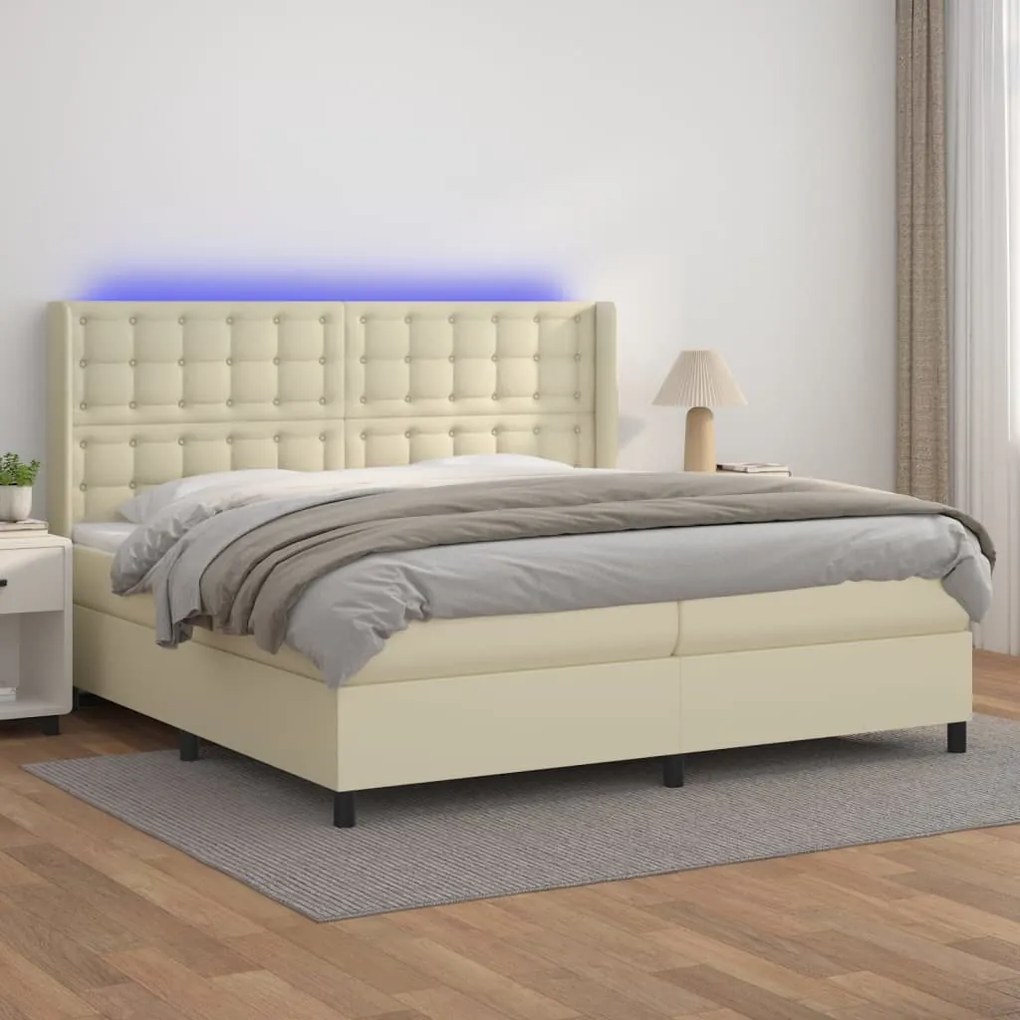 vidaXL Κρεβάτι Boxspring με Στρώμα & LED Κρεμ 200x200 εκ. Συνθ. Δέρμα