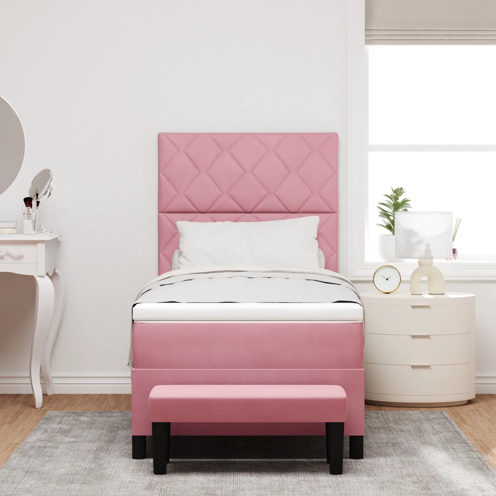 vidaXL Ροζ Κρεβάτι Box Spring με Στρώμα & Πάγκο 90x190 εκ. Βελούδο