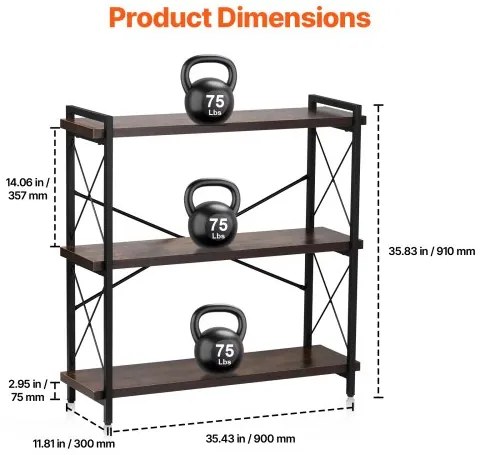 VEVOR Metal Bookshelf Rustic Bookshelf 3-Tier for Living room Bedroom &amp; Office