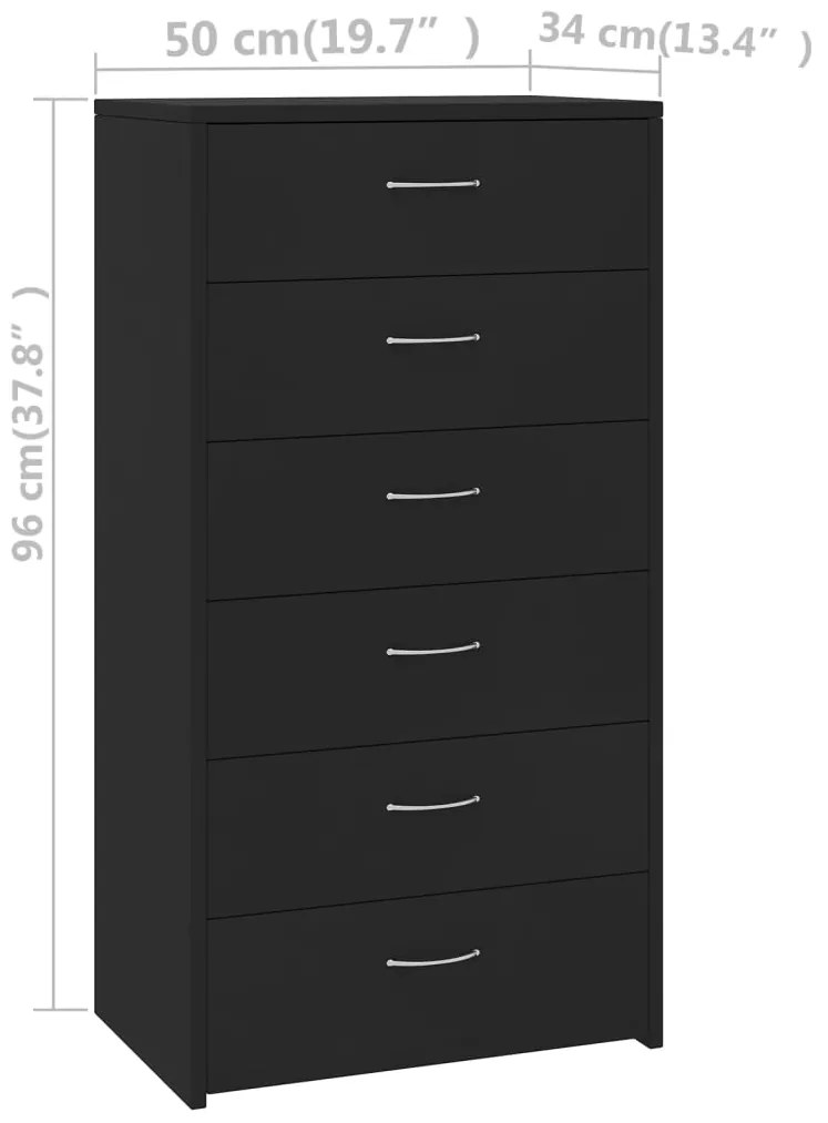 vidaXL Συρταριέρα με 6 Συρτάρια Μαύρη 50 x 34 x 96 εκ. από Επεξ. Ξύλο