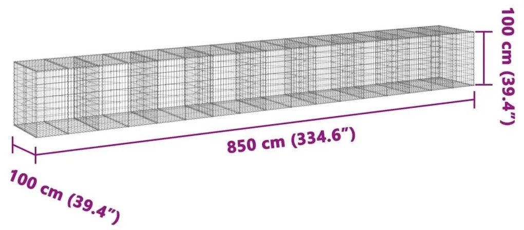 Συρματοκιβώτιο με Κάλυμμα 850x100x100εκ από Γαλβανισμένο Χάλυβα - Ασήμι