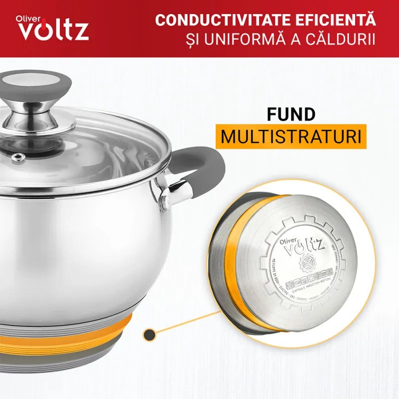 Κατσαρόλα Oliver Voltz OV51210N20, 20 cm, 3.5 l, Επαγωγή, Γκρι λαβές από σιλικόνη, Inox/Γκρί