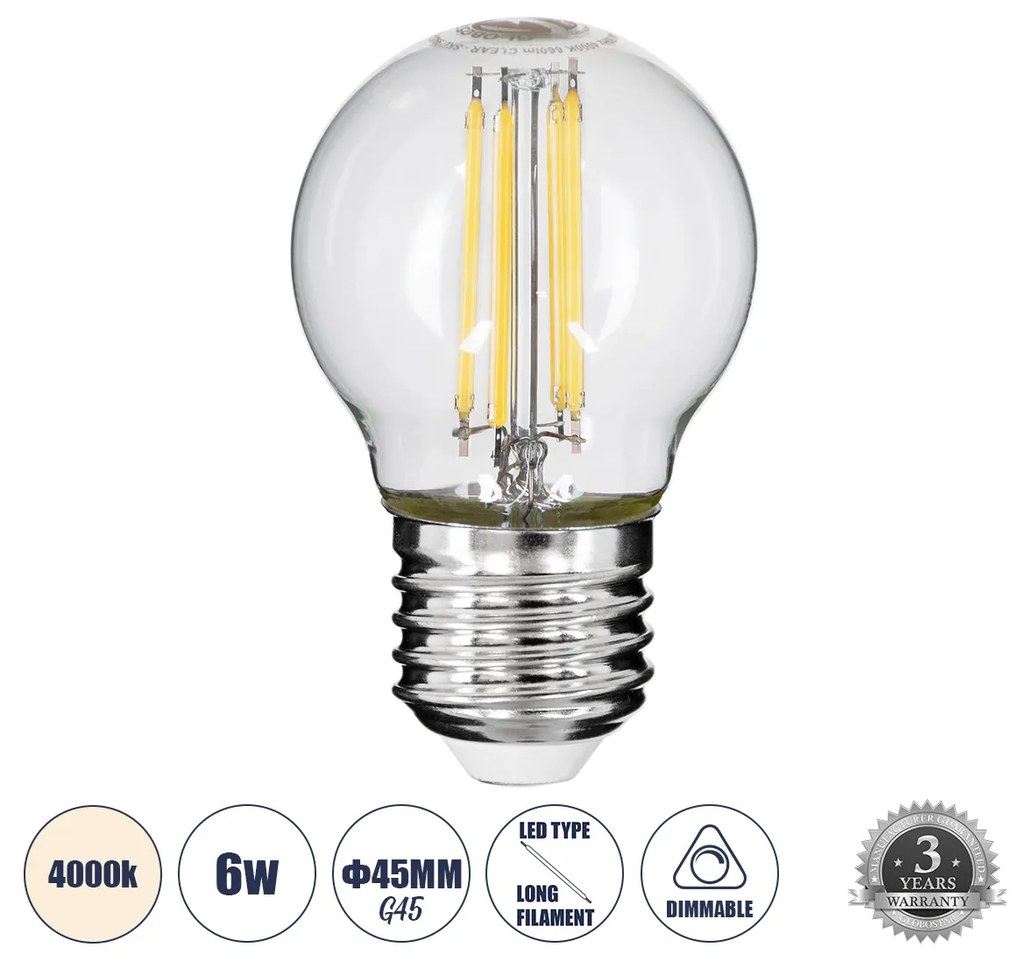 GloboStar® 99052 Λάμπα LED Long Filament E27 G45 Γλομπάκι 6W 660lm 360° AC 220-240V IP20 Φ4.5 x Υ7.5cm Φυσικό Λευκό 4000K με Διάφανο Γυαλί - Dimmable - 3 Years Warranty