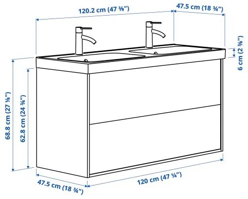 ANGSJON/BACKSJON βάση νιπτήρα με συρτάρια/νιπτήρα/μπαταρίες, 120x48x69 cm 195.140.09