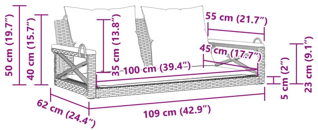 Παγκάκι Κούνια Γκρι 109x62x40 εκ. Συνθετικό Ρατάν με Μαξιλάρια - Μαύρο