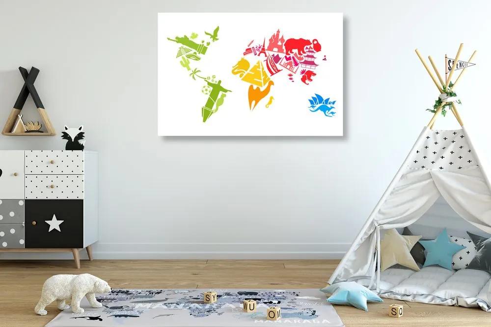 Εικόνα στον παγκόσμιο χάρτη φελλού με σύμβολα μεμονωμένων ηπείρων - 90x60  color mix