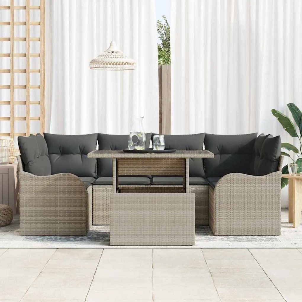 vidaXL Σετ Καναπέ Κήπου με μαξιλάρι 7 pcs Ανοιχτό γκρι Πολυ ράταν