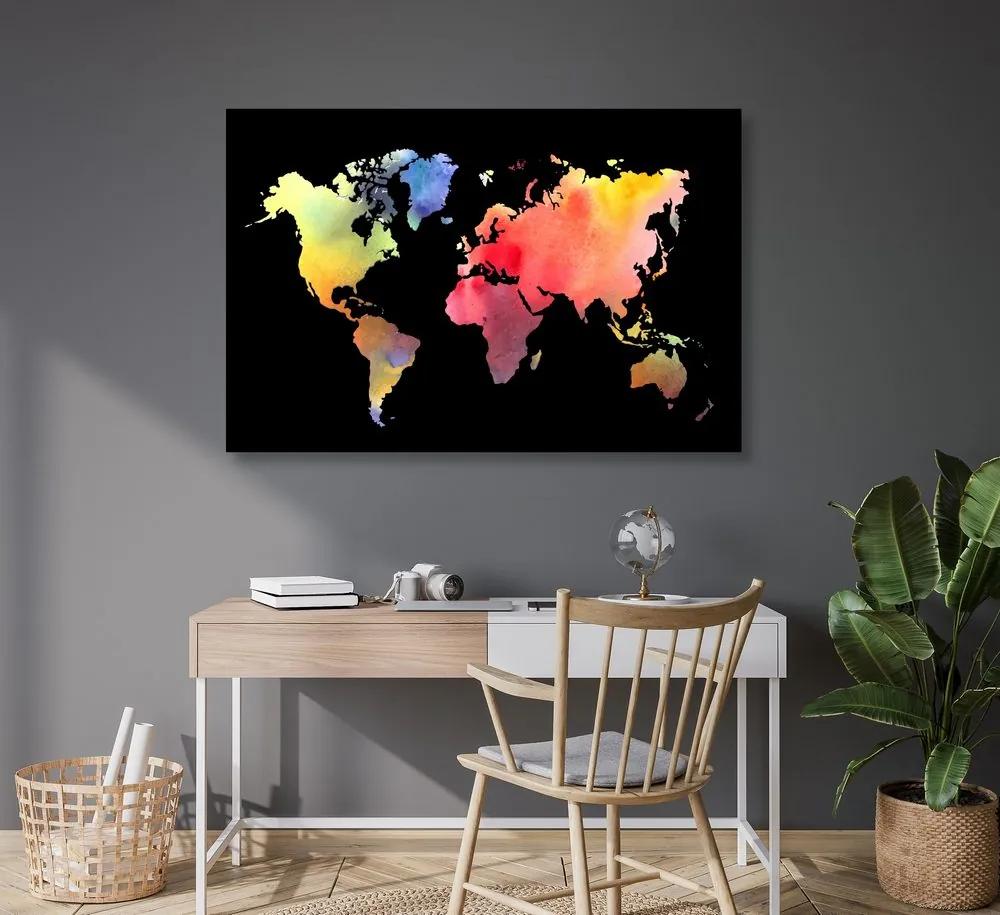 Εικόνα σε παγκόσμιο χάρτη από φελλό σε σχέδιο ακουαρέλας σε μαύρο φόντο - 120x80  color mix