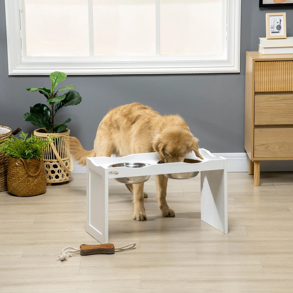 PawHut Σταθμός Τροφοδοσίας, Βάση Μπολ, 2 Μπολ Τροφοδοσίας 2 λίτρων το καθένα, Ανοξείδωτο Ατσάλι, για Μεγάλους Σκύλους, Λευκό, 63 x 30 x 24cm