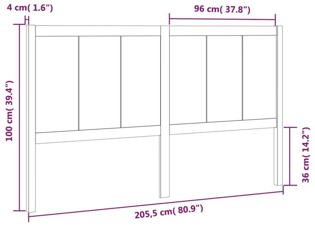 vidaXL Κεφαλάρι Κρεβατιού Μαύρο 205,5x4x100 εκ. Μασίφ Ξύλο Πεύκου