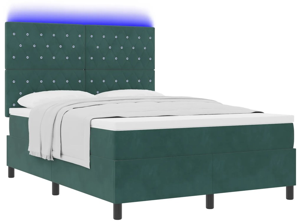 vidaXL Κρεβάτι Box Spring με Ματ Τόσα & LED Σκούρο Πράσινο 160x200 εκ. Βελούδο