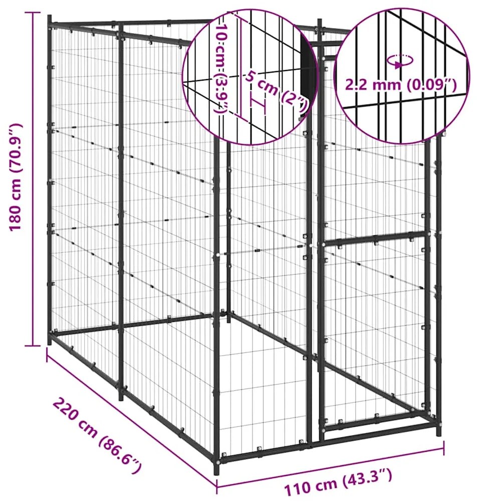 vidaXL Κλουβί Σκύλου Εξ. Χώρου Ατσάλι 110 x 220 x 180 εκ.