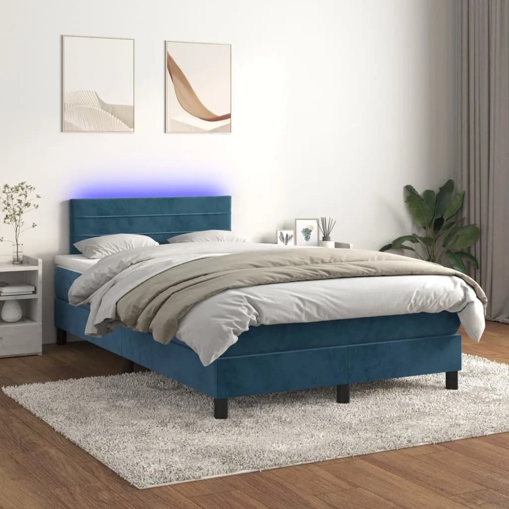 Κρεβάτι Boxspring με Στρώμα & LED Σκ. Μπλε 120x200εκ. Βελούδινο