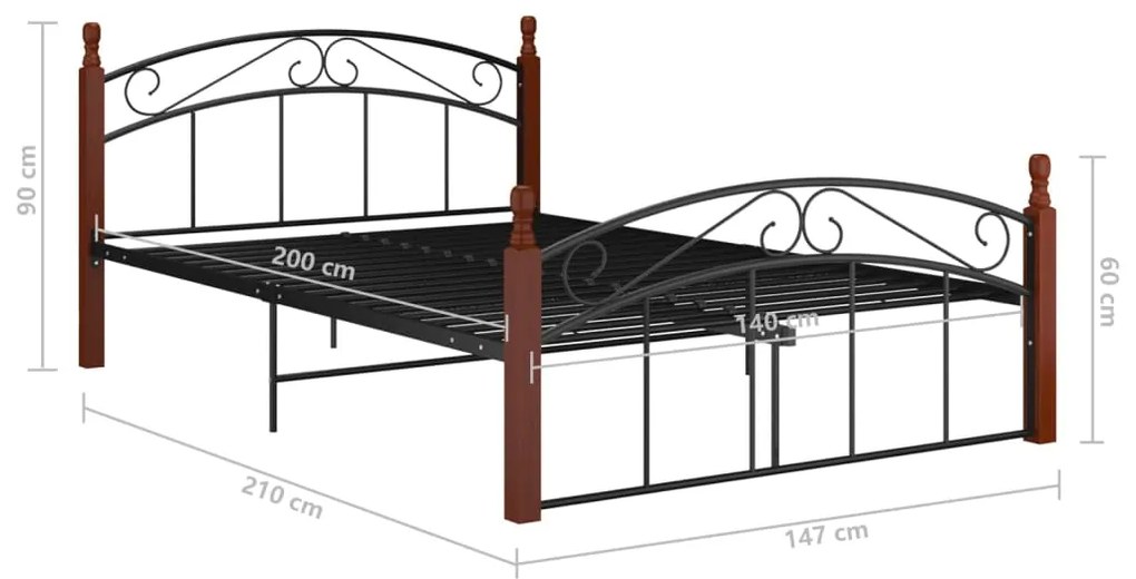 vidaXL Πλαίσιο κρεβατιού μαύρο μεταλ./μασίφ ξύλο δρυς 140x200εκ