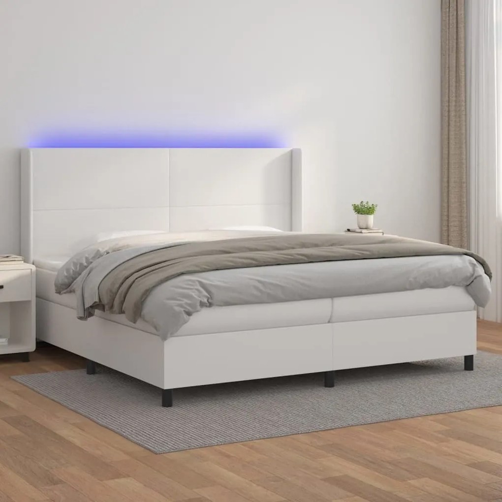 Κρεβάτι Boxspring με Στρώμα &amp; LED Λευκό 200x200 εκ. Συνθ. Δέρμα - Λευκό