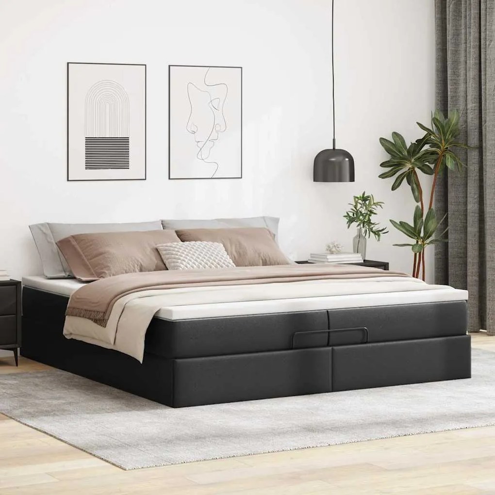 vidaXL Οθωμανικό κρεβάτι με στρώματα Μαύρο 200x200cm Faux Leather