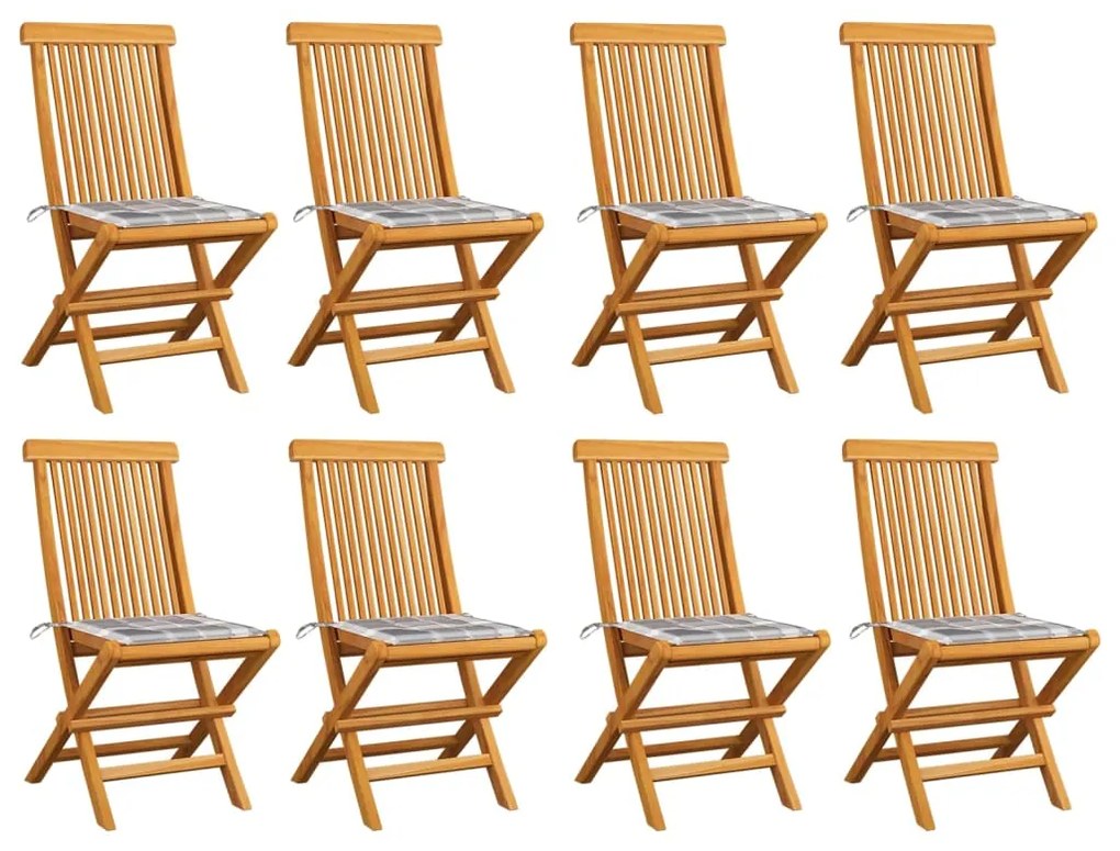 vidaXL Καρέκλες Κήπου 8 τεμ από Μασίφ Ξύλο Teak με Γκρι Καρό Μαξιλάρια