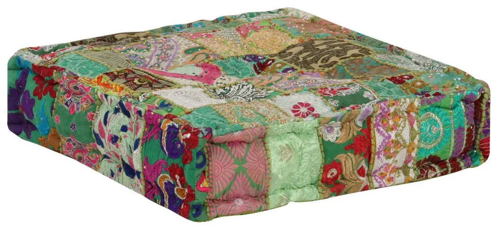 vidaXL Πουφ Patchwork Τετράγωνο Χειροπ. Πράσινο 50x50x12 εκ. Βαμβάκι