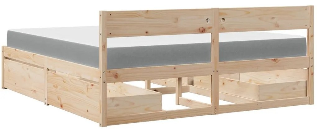 Κρεβάτι με Συρτάρια και Στρώμα 180x200 εκ. Μασίφ Ξύλο Πεύκου - Καφέ