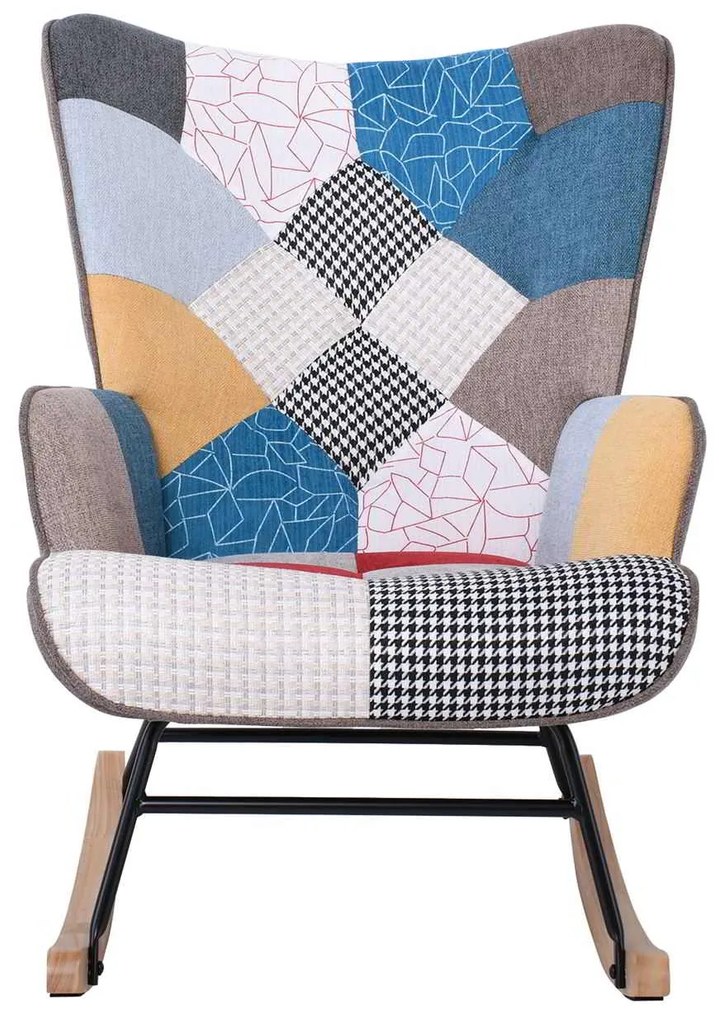 ALMA Rocking Πολυθρόνα Μπερζέρα Καθιστικού, Ύφασμα Patchwork, Βάση Μαύρο-Φυσικό