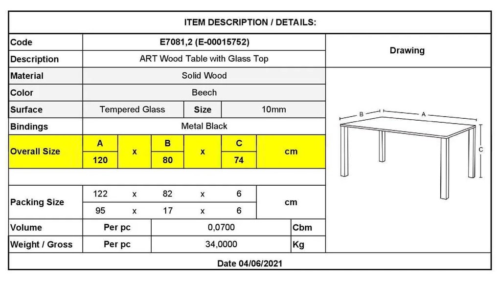 Τραπέζι ART Wood  120x80cm Ξύλο/Γυαλί 10mm