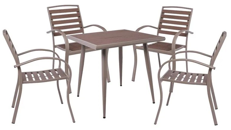 SERRANO Set Κήπου: Τραπέζι   4 Πολυθρόνες, Μέταλλο Βαφή Sand Beige, Polywood Καρυδί  Table:80x80x74 Chair:56x64x88 Ε6890,S