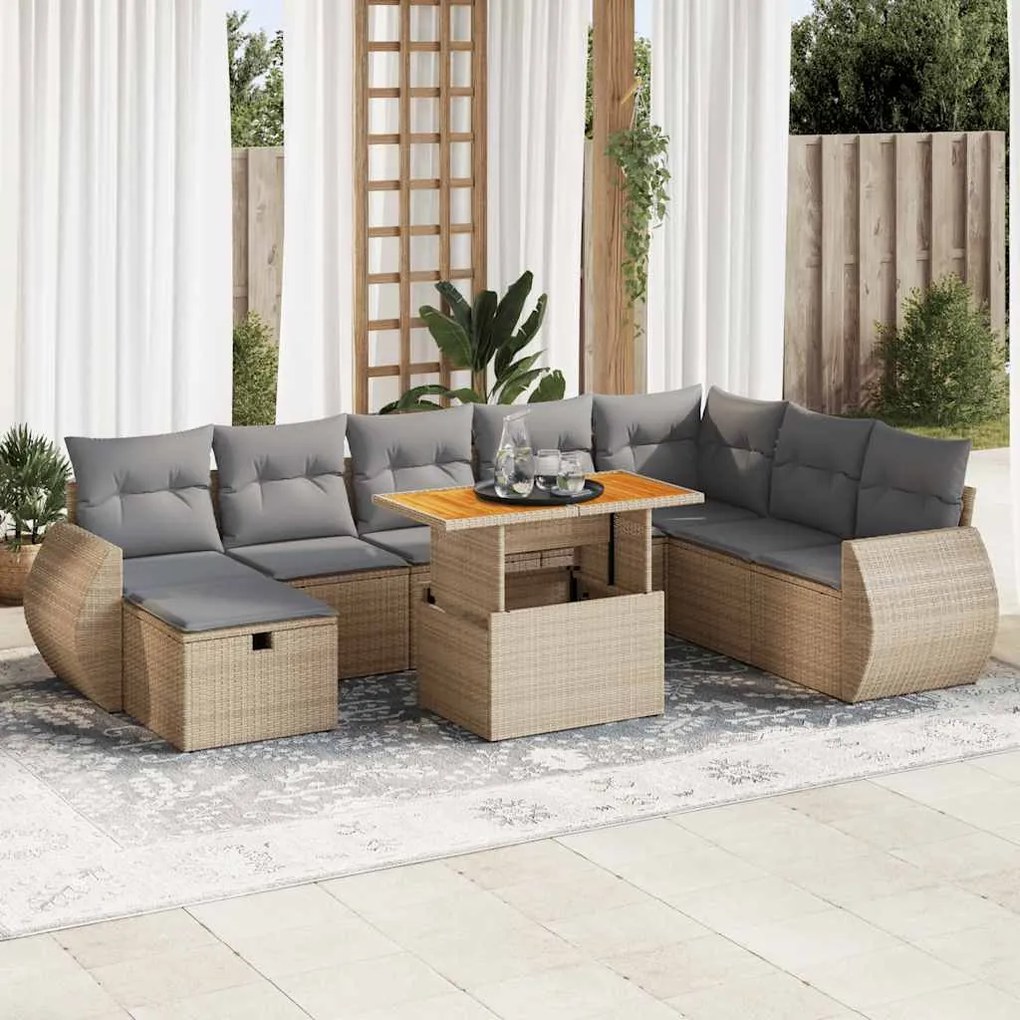 vidaXL Σαλόνι Κήπου Σετ 9 τεμ Μπεζ Συνθετικό Ρατάν με Μαξιλάρια Ακακία