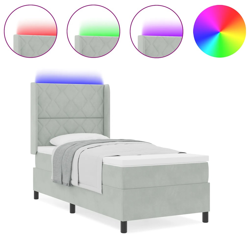vidaXL κρεβάτι Box Spring με στρώμα & LED Γκρι 90x200 cm Βελούδινο
