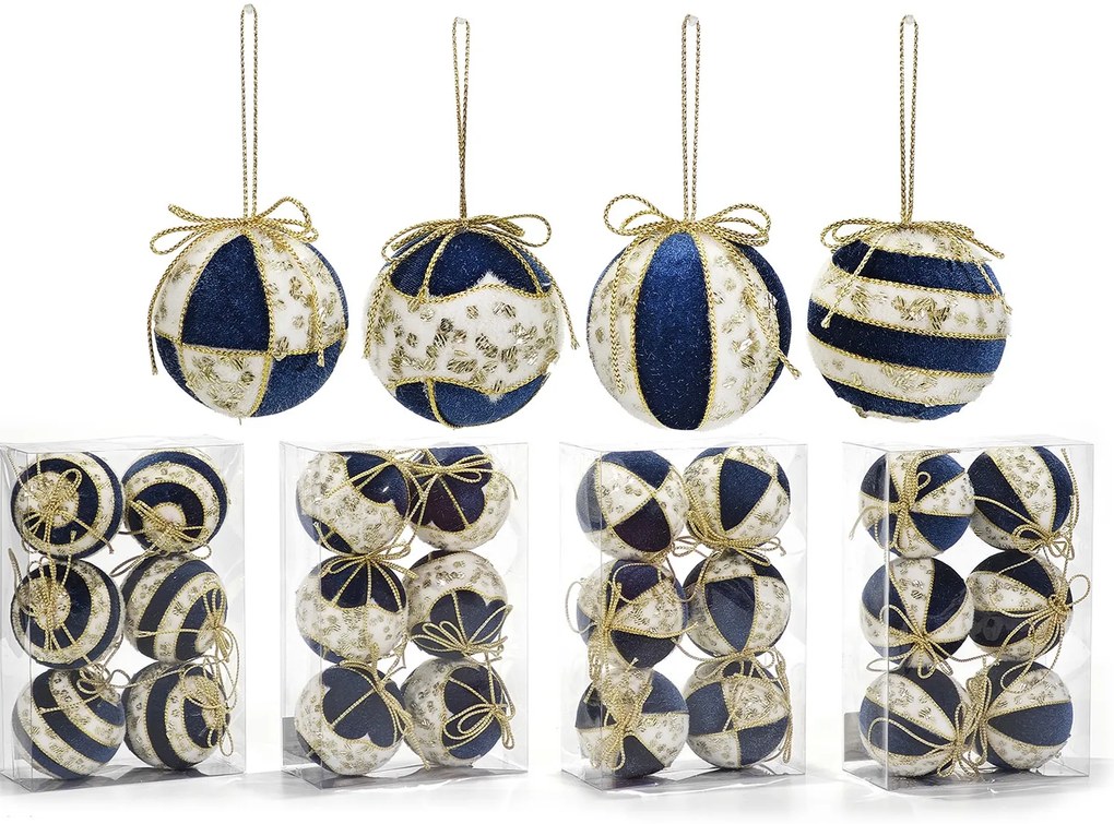 Χριστουγεννιάτικη Μπάλα Μπλε 80mm Σετ 6Τμχ Σε 4 Σχέδια