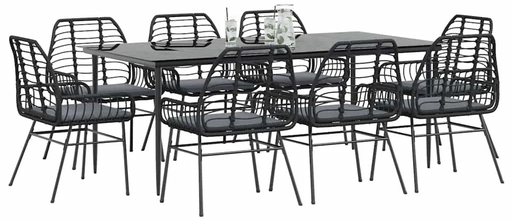 vidaXL Σετ Τραπεζαρίας Κήπου 9 τεμ Μαύρο Συνθ.Ρατάν/Γυαλί με Μαξιλάρια