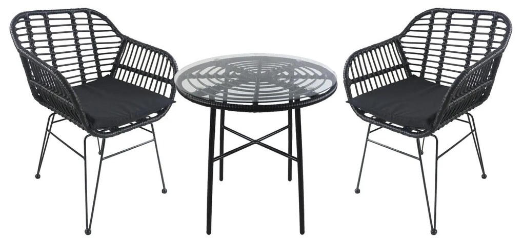 Σετ Τραπεζαρία Κήπου ArteLibre APPIUS Μαύρο Μέταλλο-Rattan-Γυαλί Με 2 Καρέκλες 14990382