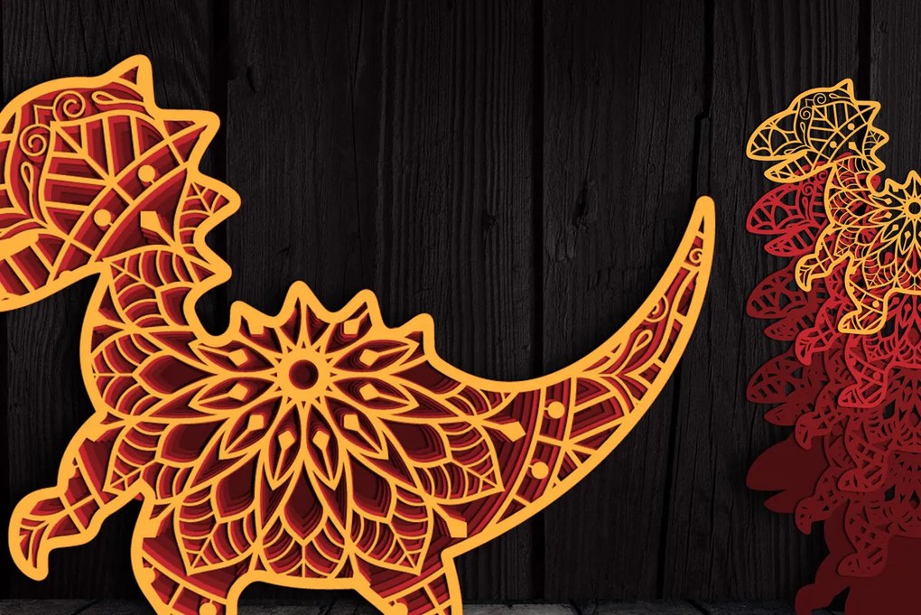 Σετ των 2 Intra απο ξύλο plywood 3mm-4mm πάχος 3D Πολυεπίπεδο Dinosaur Mandala Δίασταση 30x30 cm INTRAFABR-104260724