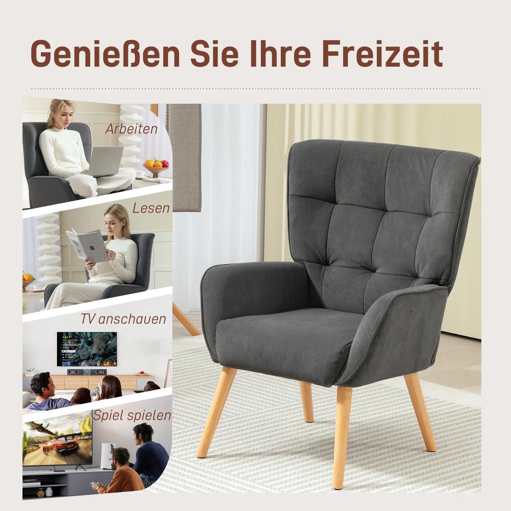 HOMCOM Πολυθρόνα, Πολυθρόνα Σαλονιού με Καπιτονέ, Μαλακό Κάλυμμα σε Υφή Βελούδου, έως 120 kg, Γκρι
