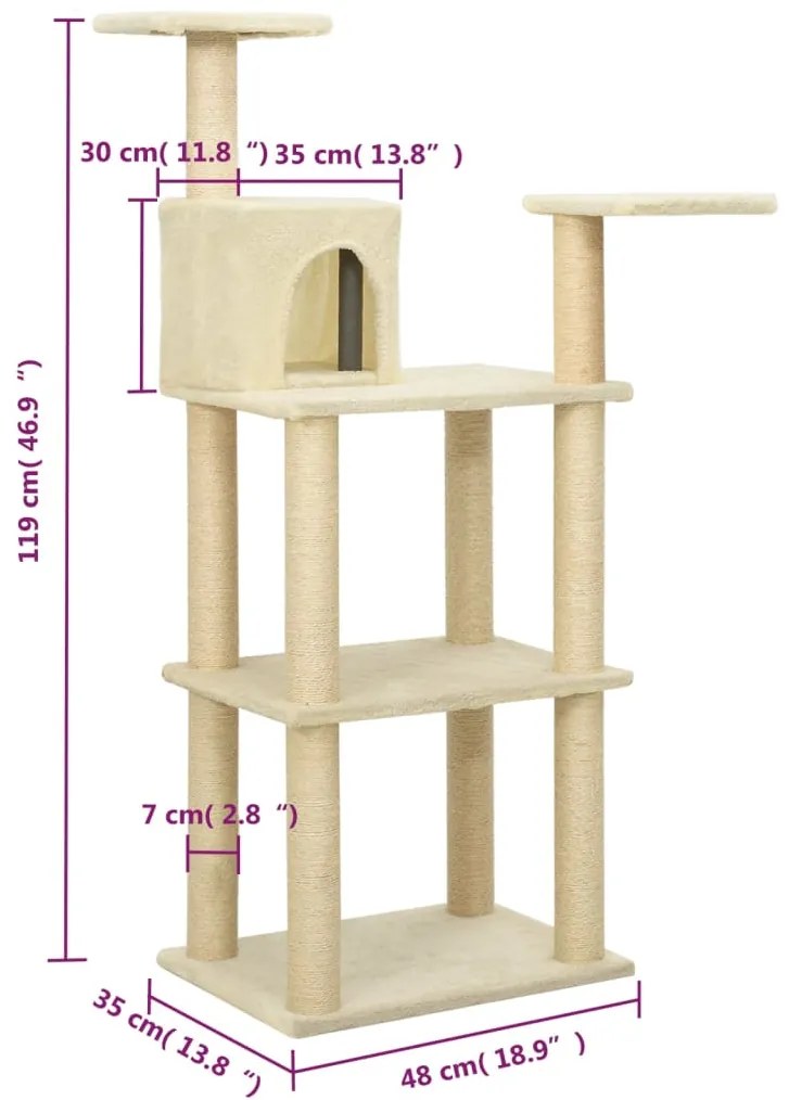 Γατόδεντρο Κρεμ 118,5 εκ. με Στύλους Ξυσίματος από Σιζάλ - Κρεμ