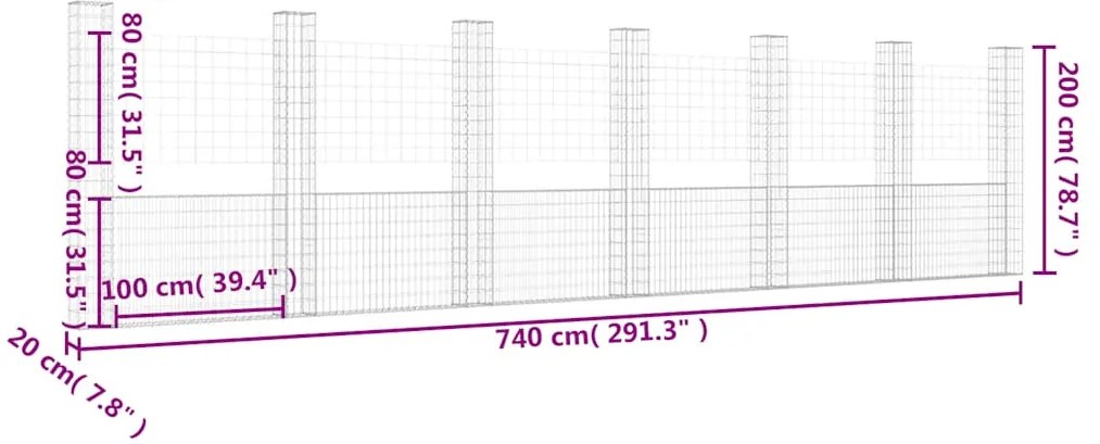 vidaXL Συρματοκιβώτιο σε U Σχήμα με 7 Στύλους 740x20x200 εκ Σιδερένιο