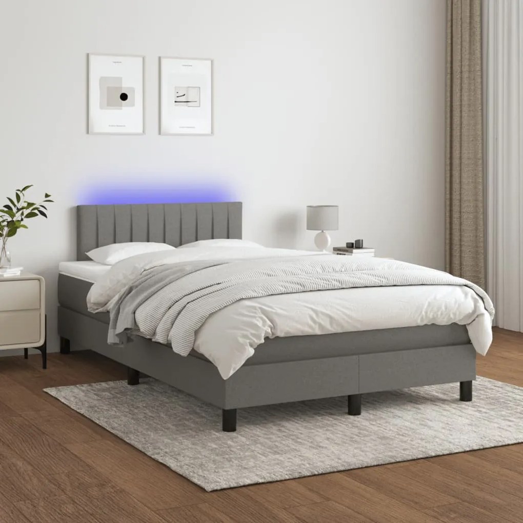 vidaXL Κρεβάτι Boxspring με Στρώμα &amp; LED Σκ.Γκρι 120x190εκ. Υφασμάτινο