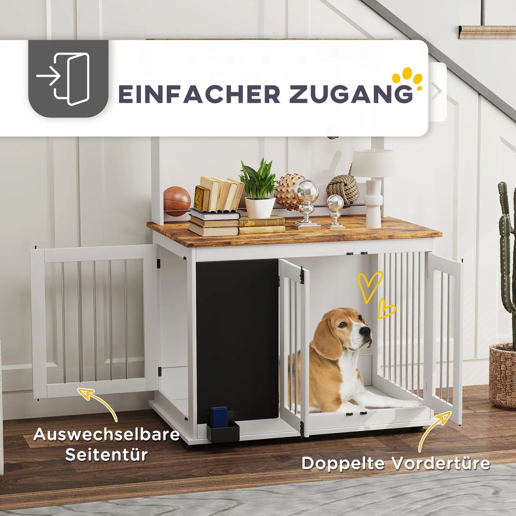 PawHut Κλουβί σκύλου με ράφι αποθήκευσης για παιχνίδια, γάντζους για λουριά, πίνακα γραφής, σβήστρα, για μεγάλους σκύλους, Λευκό