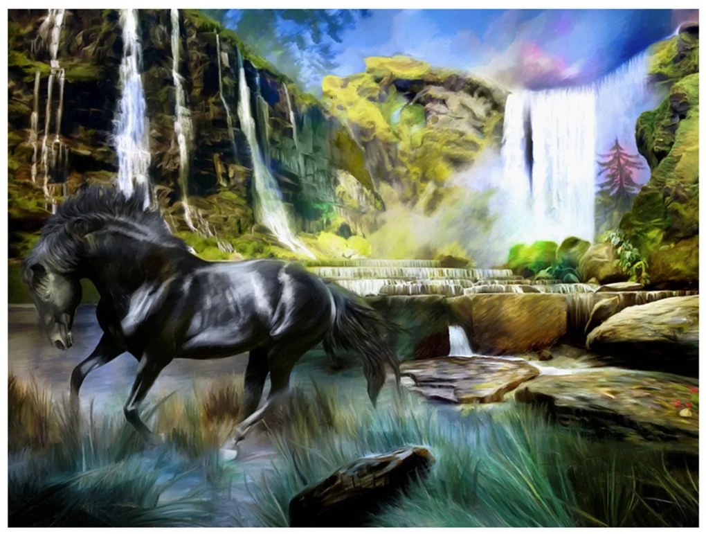 Φωτοταπετσαρία - Horse on the background of sky-blue waterfall 200x154