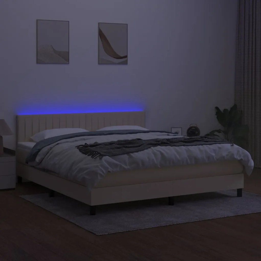 Κρεβάτι Boxspring με Στρώμα &amp; LED Κρεμ 180x200 εκ. Υφασμάτινο - Κρεμ