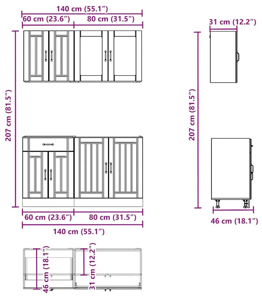 vidaXL Σετ Ντουλαπιών Κουζίνας 4 Τεμαχίων "Lucca" από Καπνιστή Δρυ και Μηχανικά Απορροφημένο Ξύλο