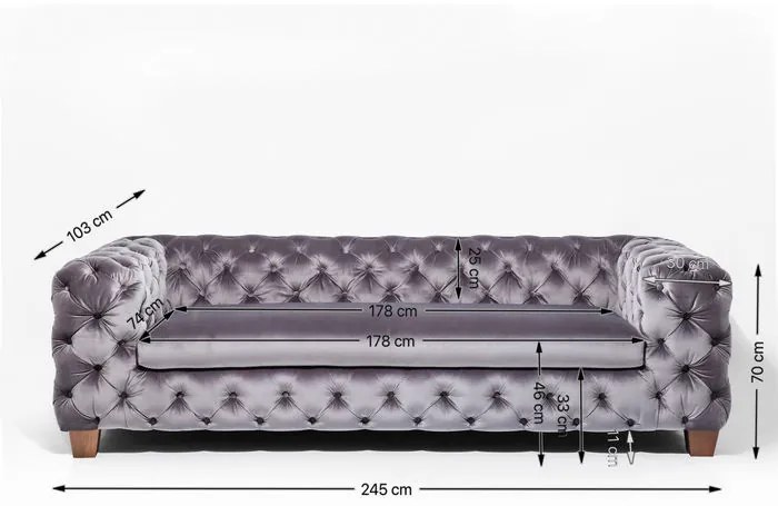 Καναπές Τριθέσιος My Desire Velvet Γκρι  245x100x68εκ - Γκρι