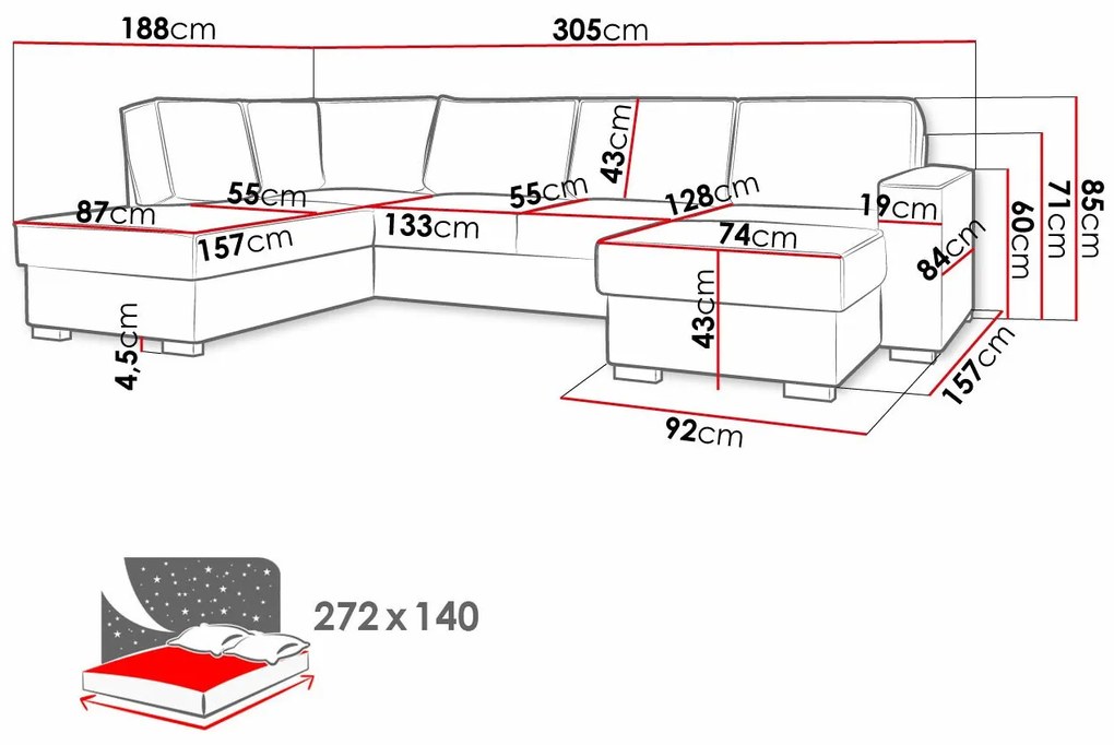 Γωνιακός Καναπές Comfivo 227, Λειτουργία ύπνου, Αποθηκευτικός χώρος, 305x188x85cm, 138 kg, Πόδια: Ξύλο | Epipla1.gr