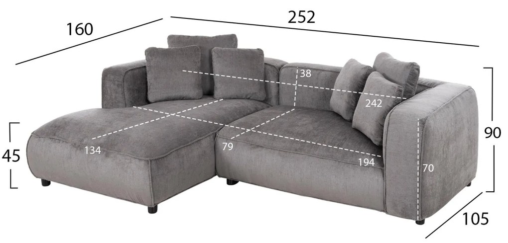 Γωνιακός Καναπές GRACE C3280.03L Αριστερή Γωνία σε Γκρί ύφασμα 252x160x90Υεκ. 252x160x90 εκ.
