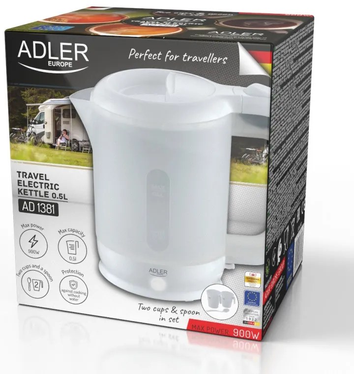 Ηλεκτρικός βραστήρας Adler AD 1381, 900W, 0.5 l, 2 φλιτζάνια και κουτάλα, Επίπεδο θερμαντικό στοιχείο, Προστασία υπερθέρμανσης, Λευκό