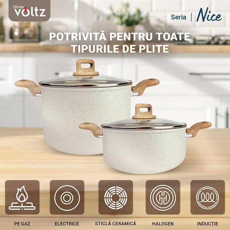 Κατσαρόλα Voltz Nice OV54418E24D, 24x15 cm, 6.5 l, Μαρμάρινο φινίρισμα, Επαγωγή, Κρέμα μελανζέ
